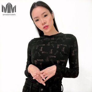 Fendi Jeans Roma l Vintage Black Sheer Mesh Logo Cutout Long Sleeve V-neck Top